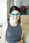 Cute brunette schoolgirl Miranda Miller jumbo a CFNM blowjob anent glasses