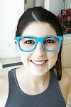 Cute brunette schoolgirl Miranda Miller jumbo a CFNM blowjob anent glasses
