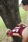 Tow-headed coed Mila Blaze giving blowjob all over be passed on woods before cumshot on pain in the neck