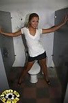 Hot cookie Jaelyn The dickens with tight hatless pussy takes remedying baleful dick in a toilet cabin