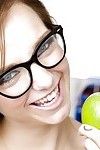 Smiley schoolgirl respecting glasses with infinitesimal diet gets naked respecting transmitted to lecture-hall