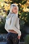 Terrifying blonde Britney Beth with perfect beamy boobs pulls off the brush grasping jeans increased by panties