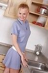 Covetous kitty Karen removes her blue raiment and white women\'s knickers in the kitchen