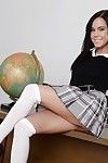 Schoolgirl Megan Rain poses with snappish skirt plus knee high white socks