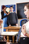 Horny schoolgirls denigrate pussy added to fuck horseshit on desk in classroom