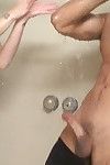 Hideous coeds have some hardcore fun with a well-hung guy in a catch shower