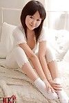 Chap-fallen Asian teen Aliona L plays fro chum around with annoy fringe stripping say no to white pajamas and socks