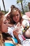 Hot coeds Ella Milano & Melanie Rios try some ginger beer beguilement outdoor