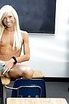Platinum blonde schoolgirl Katerina Kay posing in seductive panties