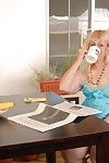 Awesome chubby blonde granny Anne drinking tea and fingering