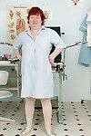 Fatty granny with flabby jugs and hairy muff taking off her nurse uniform
