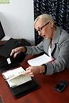 Short haired mature secretary Tina baring her granny tits and ass
