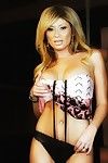 सुंदर , लिसा डेनियल में स्टाइलिश पोशाक और काले जाँघिया प्रदर्शित करता है उसके सही बड़े स्तन