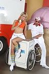 Blonde milf Jessica Drake is teasing the young guy with her long legs and short skirt