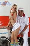 Blonde milf Jessica Drake is teasing the young guy with her long legs and short skirt
