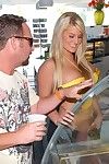 Sweet big titted blonde milf Julie Cash in yellow bikini getting picked up and impaled on cock