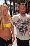Sweet big titted blonde milf Julie Cash in yellow bikini getting picked up and impaled on cock