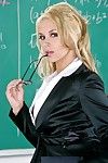 Busty spectacled teacher Sarah Vandella gets naked and dildos her experienced pussy