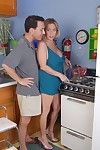 Mature blonde plumper Wanda tit smothering man in kitchen before oral sex