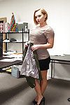 Mature European office lady undressing in office to reveal nice older boobs